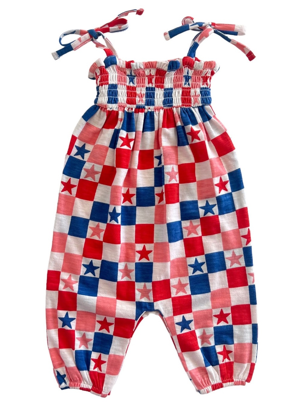 Red, White, Blue & Pink Checkered / Organic Smocked Jumpsuit 18-24